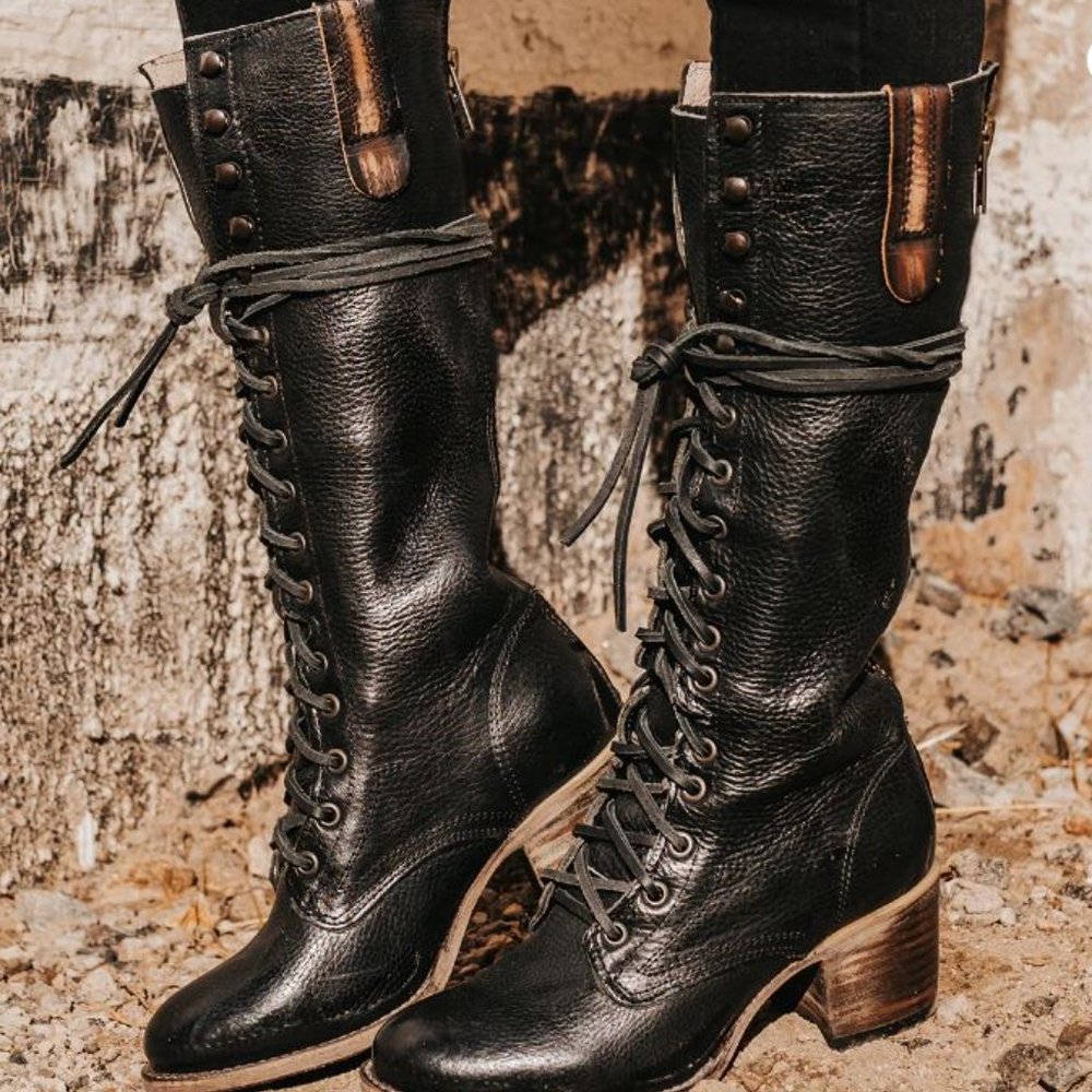 Freebird by Steven Black Leather Lace-Up Mid-Calf Heeled Boots with Brown Accent